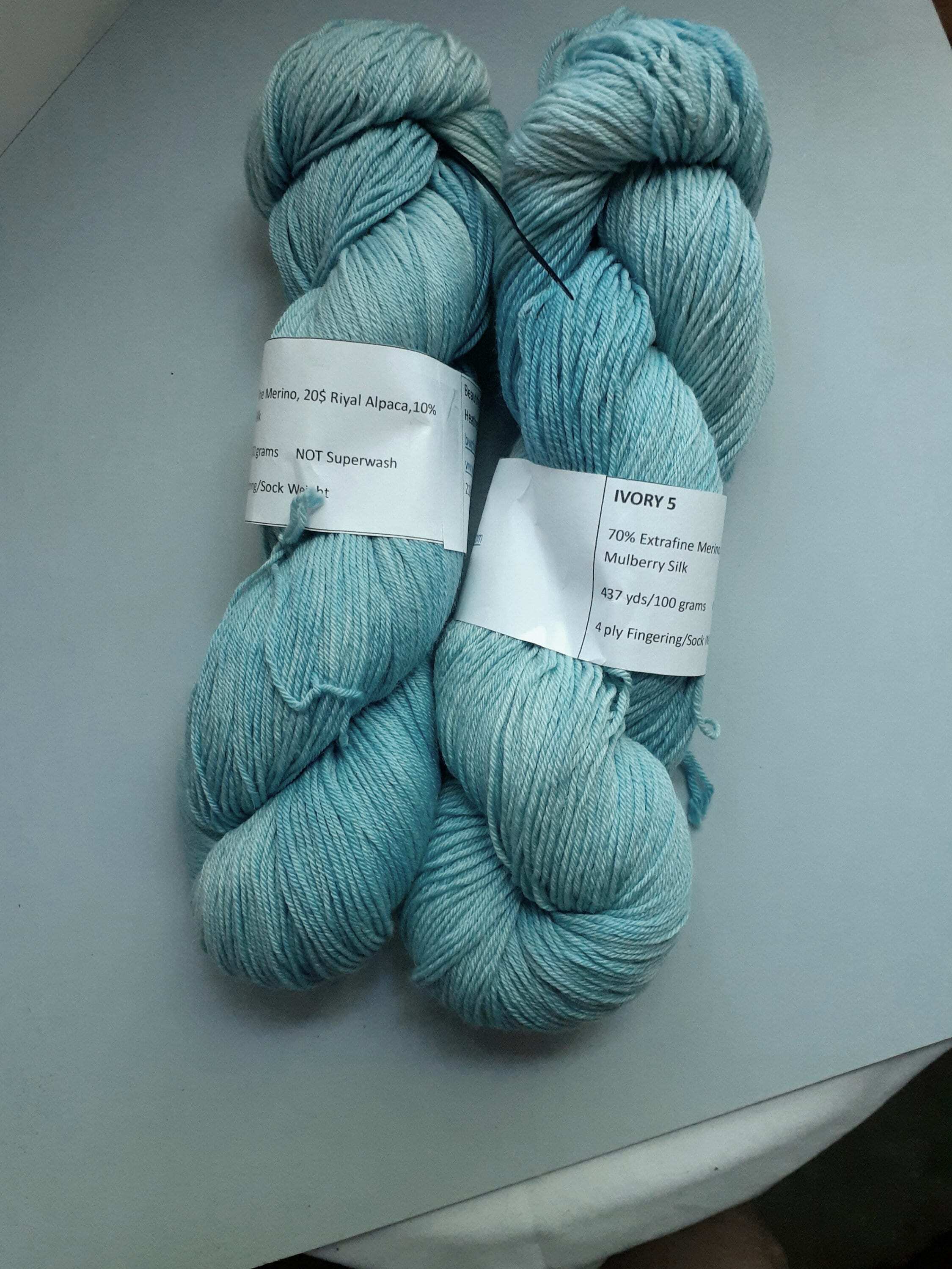 Ivory 5, Fingering Weight Yarn, Hand dyed, Blue tonal, Superwash Merino,  Alpaca, Mulberry Silk.
